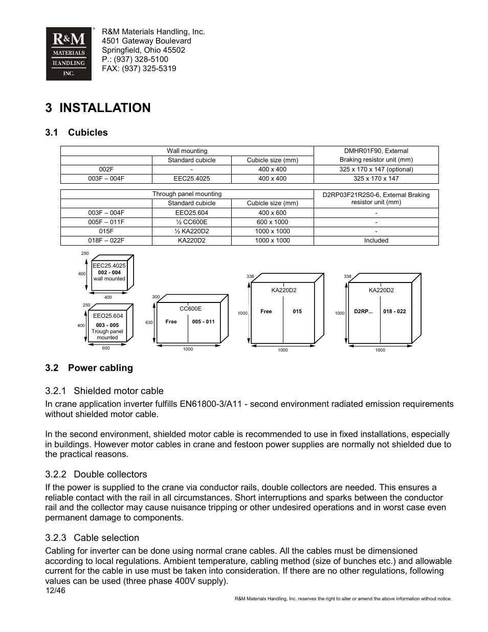 3 installation, 1 cubicles, 2 power cabling 3.2.1 shielded motor cable | 2 double collectors, 3 cable selection | R&M Materials Handling VARIABLE SPEED CONTROLS ControlMaster Select Service Manual User Manual | Page 12 / 46
