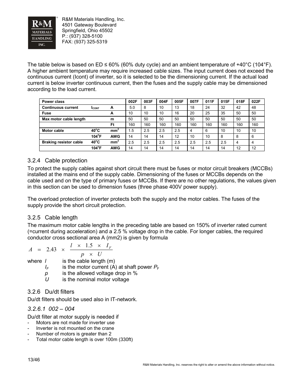 4 cable protection, 5 cable length, Up i l a | 6 du/dt filters | R&M Materials Handling VARIABLE SPEED CONTROLS ControlMaster Select Service Manual User Manual | Page 13 / 46