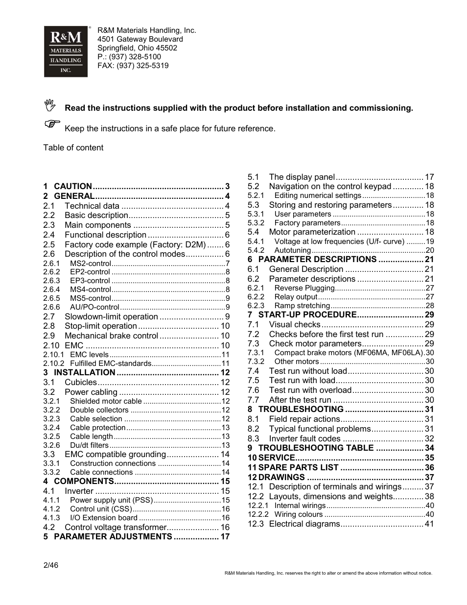 R&M Materials Handling VARIABLE SPEED CONTROLS ControlMaster Select Service Manual User Manual | Page 2 / 46