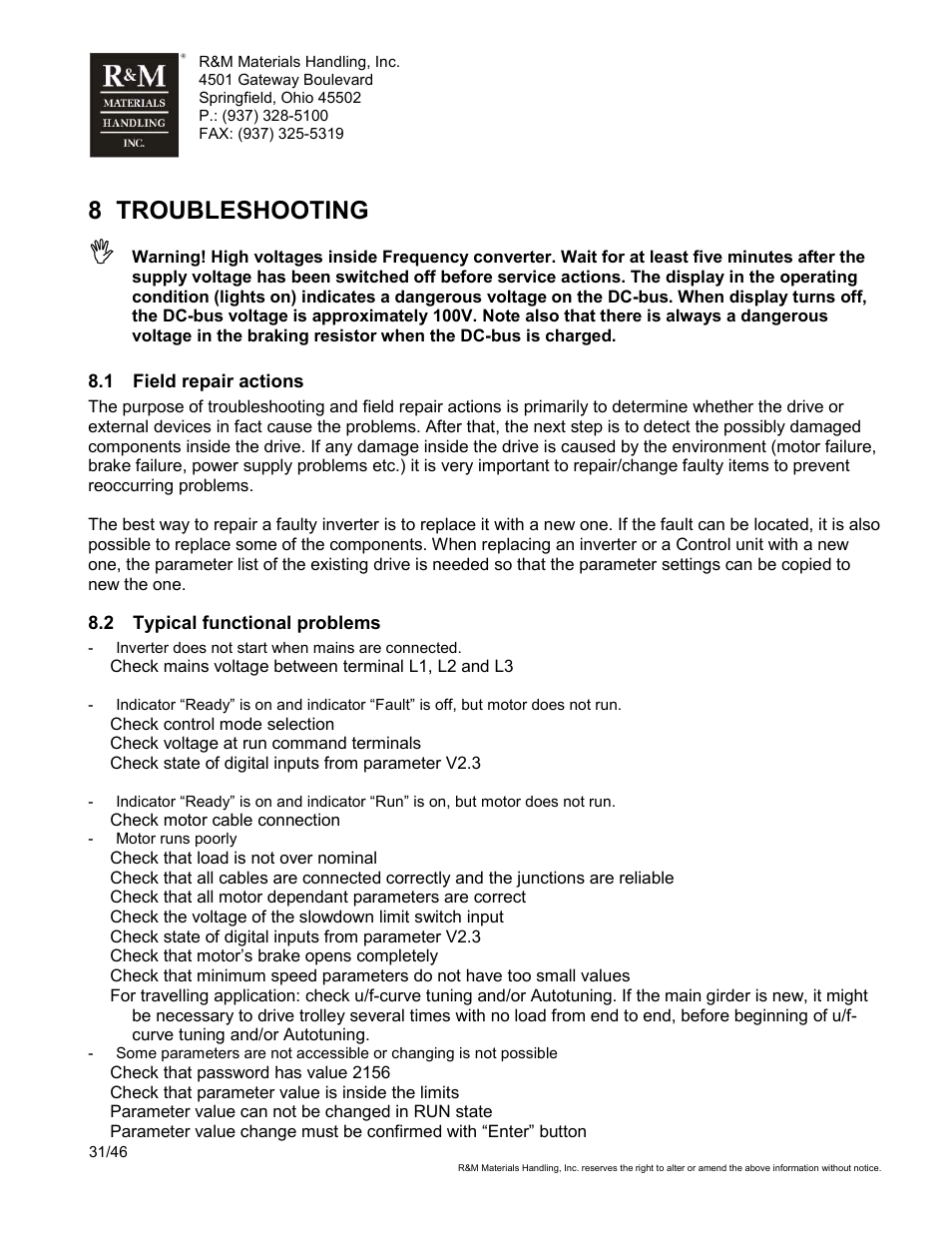 8 troubleshooting | R&M Materials Handling VARIABLE SPEED CONTROLS ControlMaster Select Service Manual User Manual | Page 31 / 46
