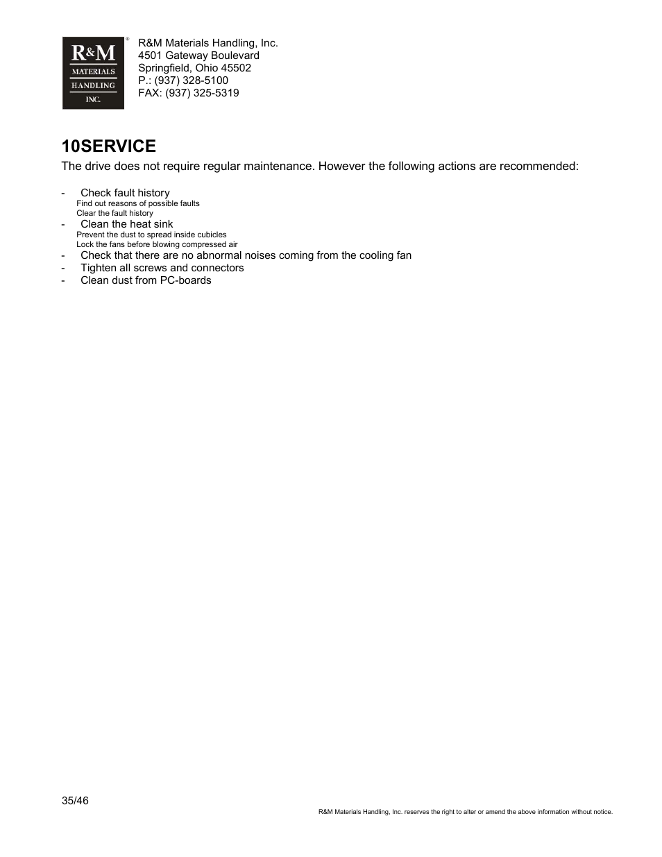 10 service | R&M Materials Handling VARIABLE SPEED CONTROLS ControlMaster Select Service Manual User Manual | Page 35 / 46