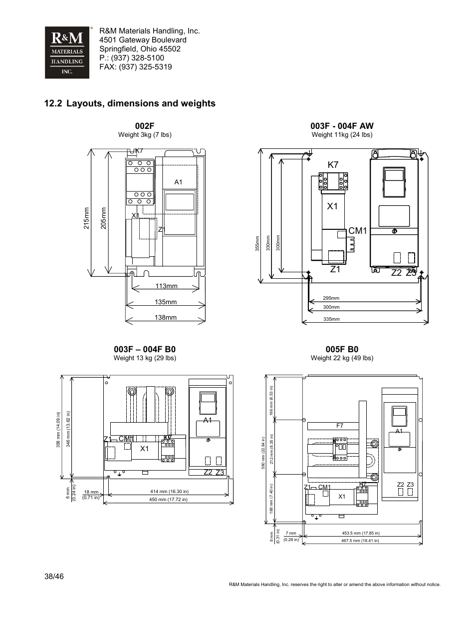 2 layouts, dimensions and weights, 002f, 005f b0 | R&M Materials Handling VARIABLE SPEED CONTROLS ControlMaster Select Service Manual User Manual | Page 38 / 46