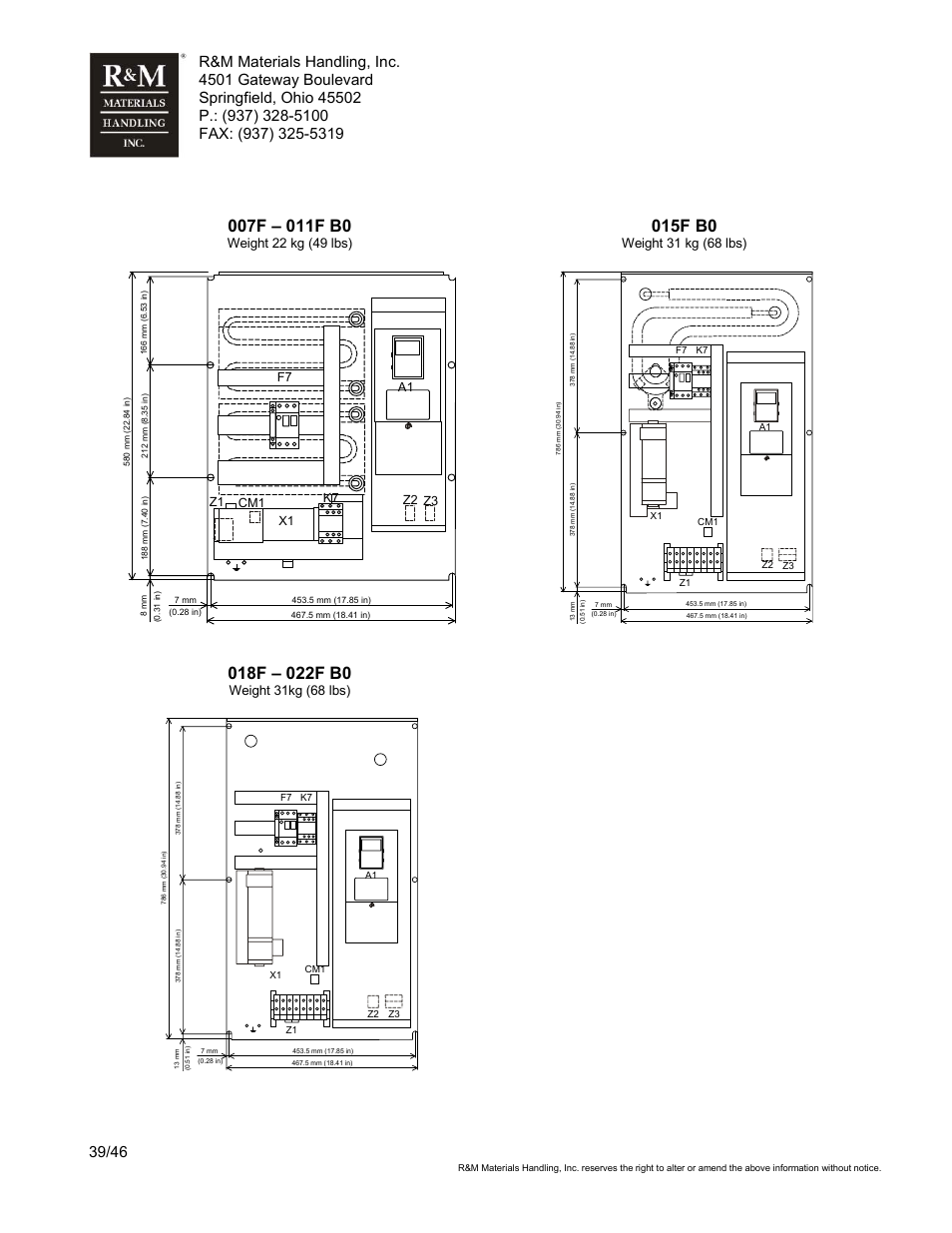 015f b0, Weight 22 kg (49 lbs), Weight 31 kg (68 lbs) | Weight 31kg (68 lbs), F7 k7 x1 | R&M Materials Handling VARIABLE SPEED CONTROLS ControlMaster Select Service Manual User Manual | Page 39 / 46