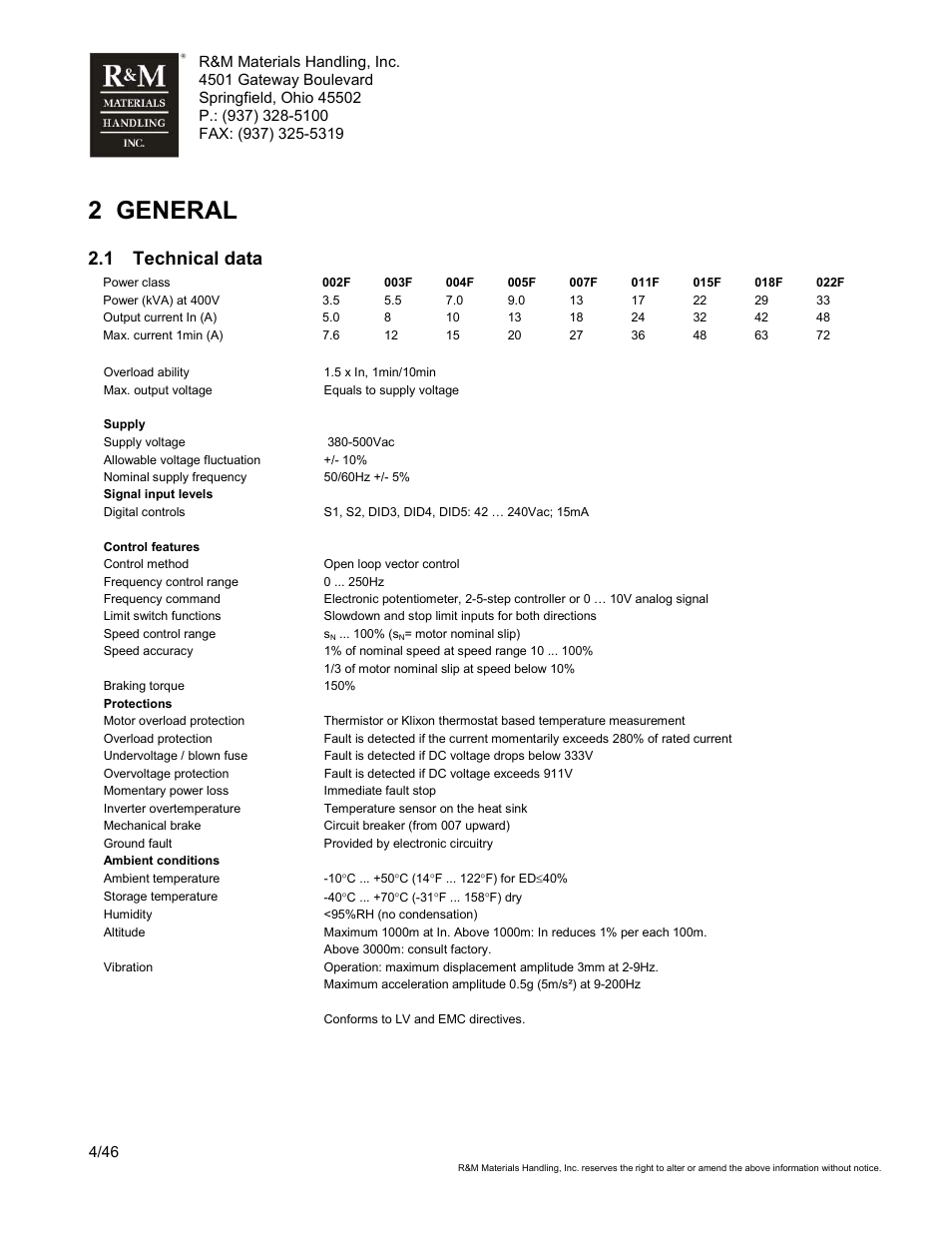 2 general, 1 technical data | R&M Materials Handling VARIABLE SPEED CONTROLS ControlMaster Select Service Manual User Manual | Page 4 / 46