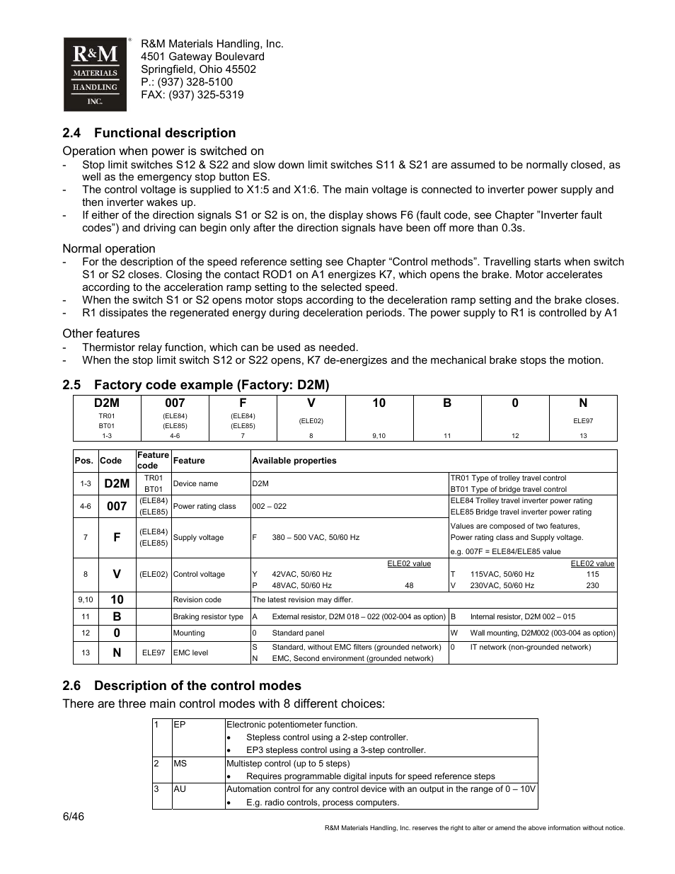 4 functional description, 5 factory code example (factory: d2m), 6 description of the control modes | Operation when power is switched on, Normal operation, Other features | R&M Materials Handling VARIABLE SPEED CONTROLS ControlMaster Select Service Manual User Manual | Page 6 / 46