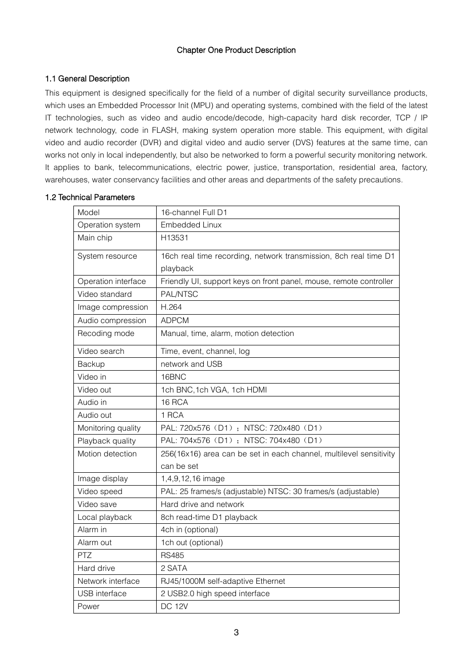 Chapter one product description, 1 general description, 2 technical parameters | ZMODO ZMD-DT-SFN6 16CH H.264 Smart Security 960H DVR User Manual | Page 3 / 24