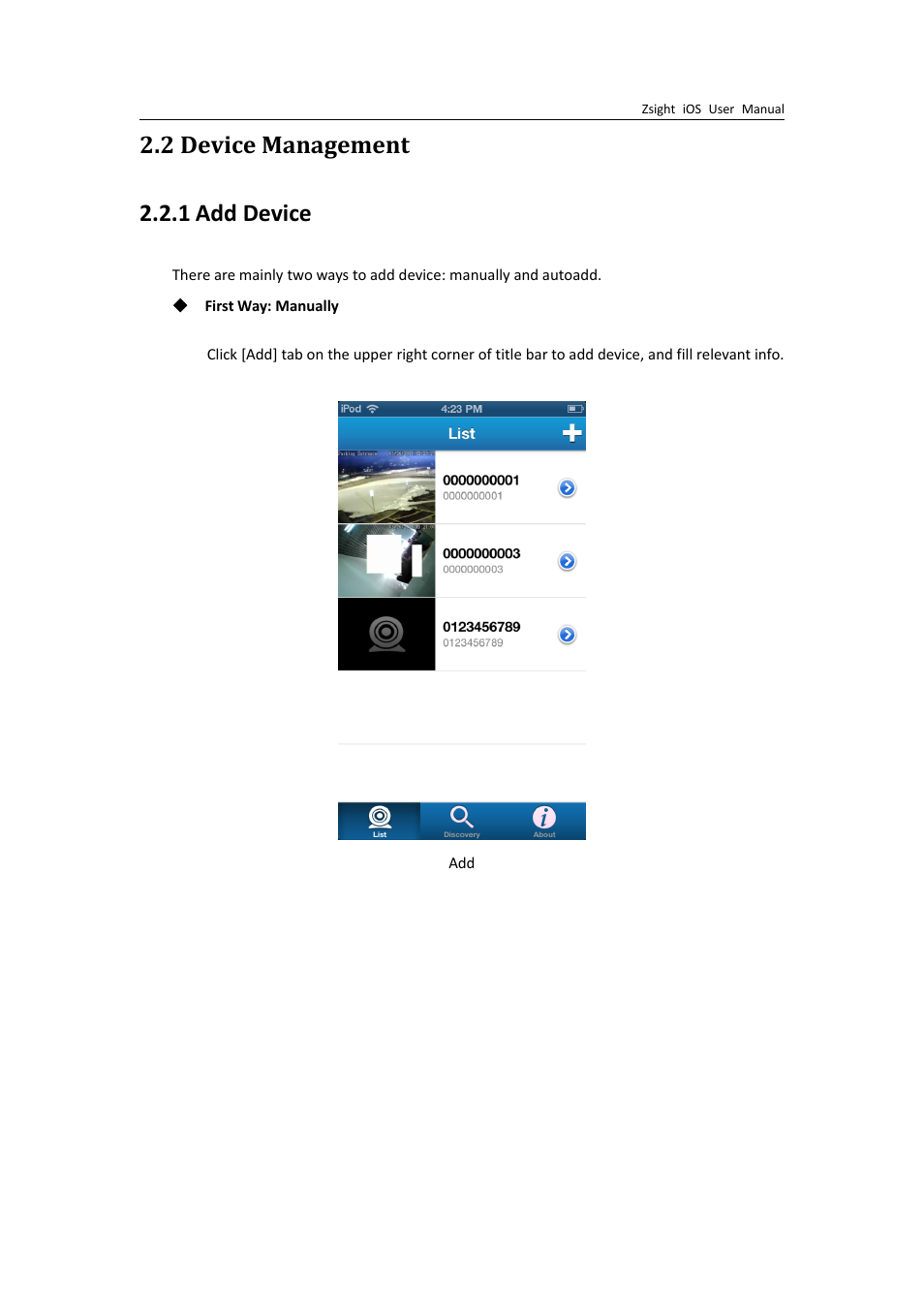 2devicemanagement, Adddevice, 2 device management | 1 add device, 2 device management 2.2.1 add device | ZMODO ZP-IBH13-P 720P HD H.264 PoE IP Infrared Weatherproof Camera with QR Code Smartphone Setup - Zsight iOS User Manual User Manual | Page 5 / 12