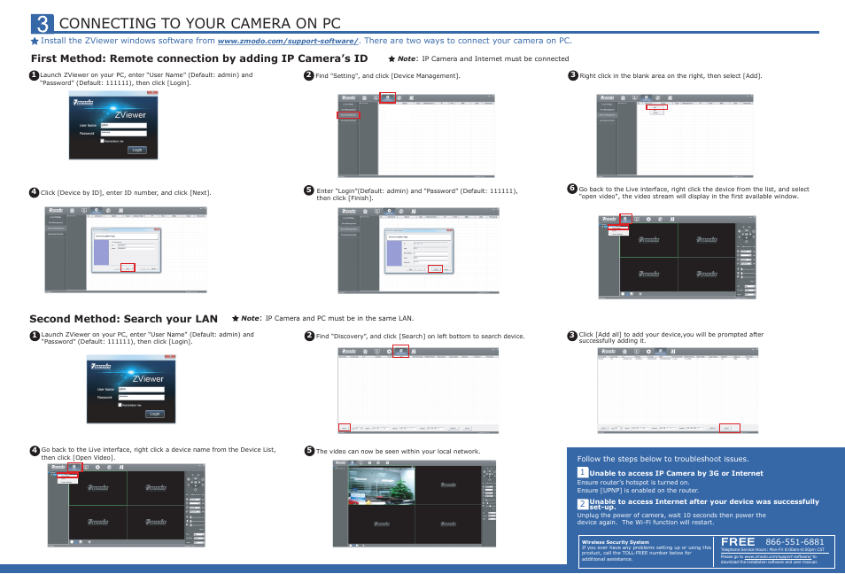 Connecting to your camera on pc, Free, Second method: search your lan | ZMODO ZH-IXA15-WC 720P HD Wireless Indoor Network IP Camera - IPC Quick Guide User Manual | Page 2 / 2