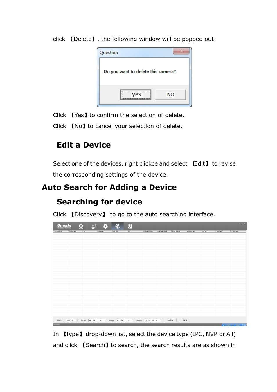 Editadevice, Autosearchforaddingadevice, Searchingfordevice | Edit a device, Auto search for adding a device, Searching for device | ZMODO ZP-IBH13-P 720P HD H.264 PoE IP Infrared Weatherproof Camera with QR Code Smartphone Setup - Zviewer Windows User Manual User Manual | Page 11 / 39