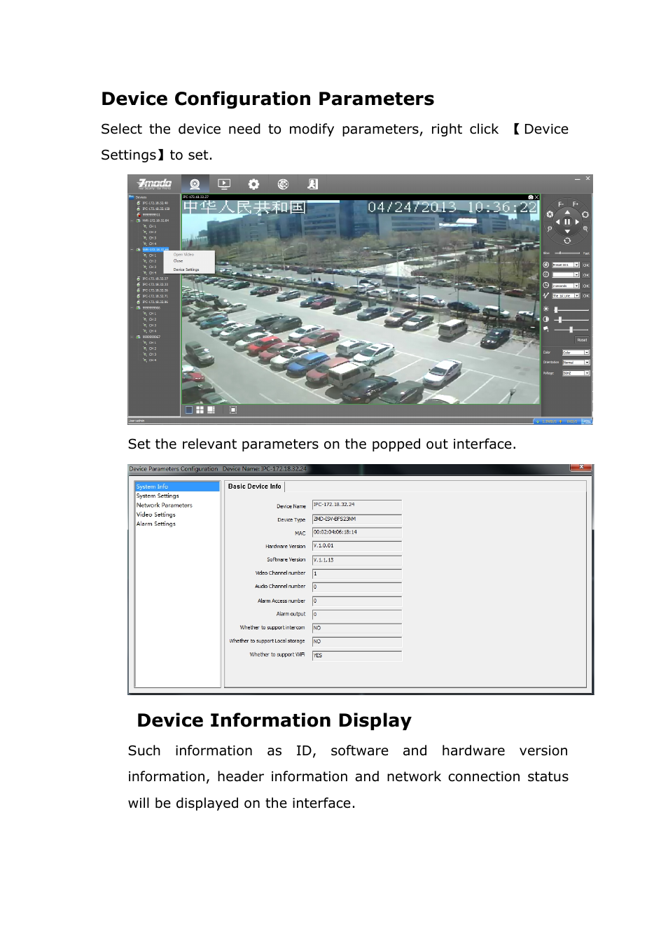 Deviceconfigurationparameters, Deviceinformationdisplay, Device configuration parameters | Device information display | ZMODO ZP-IBH13-P 720P HD H.264 PoE IP Infrared Weatherproof Camera with QR Code Smartphone Setup - Zviewer Windows User Manual User Manual | Page 25 / 39