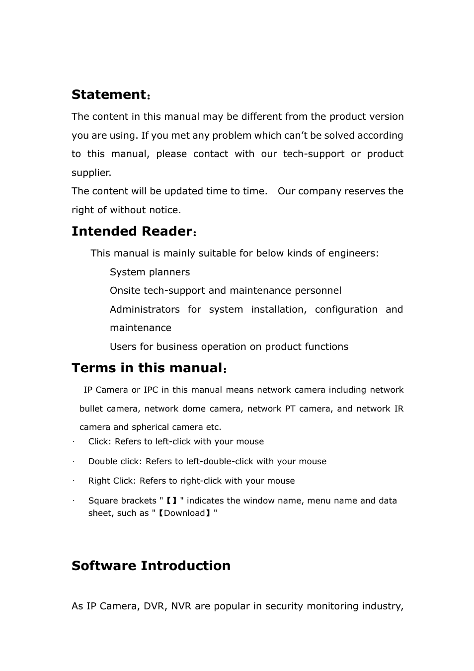 Statement, Intendedreader, Termsinthismanual | Softwareintroduction, Intended reader, Terms in this manual, Software introduction | ZMODO ZP-IBH13-P 720P HD H.264 PoE IP Infrared Weatherproof Camera with QR Code Smartphone Setup - Zviewer Windows User Manual User Manual | Page 5 / 39