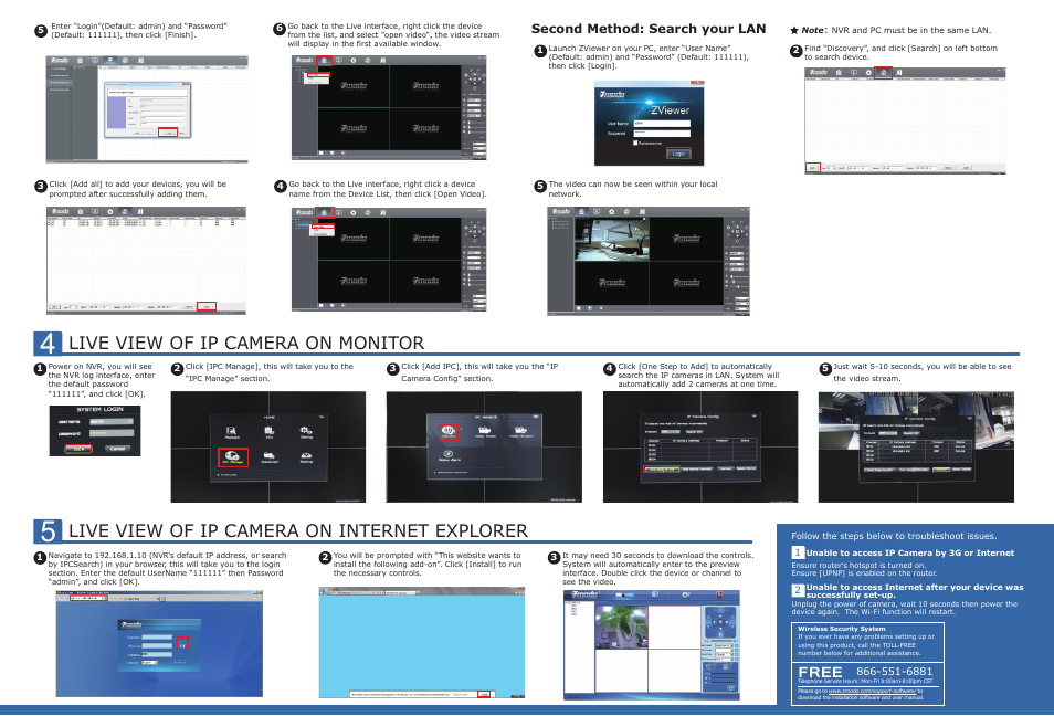 Live view of ip camera on monitor, Live view of ip camera on internet explorer, Free | Second method: search your lan | ZMODO ZH-KA0A02-W Mini NVR System - Quick Installation Guide User Manual | Page 2 / 2