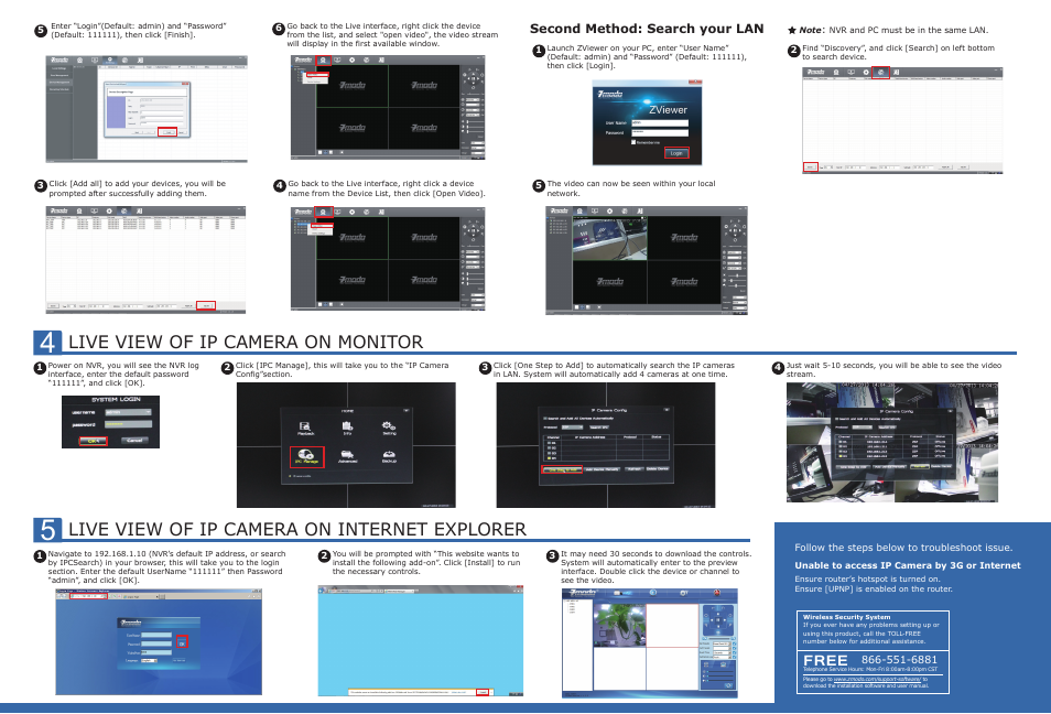 Live view of ip camera on monitor, Live view of ip camera on internet explorer, Free | Second method: search your lan | ZMODO ZP-KC1H04-P 4 Channel 720P PoE NVR System - Quick Installation Guide User Manual | Page 2 / 2
