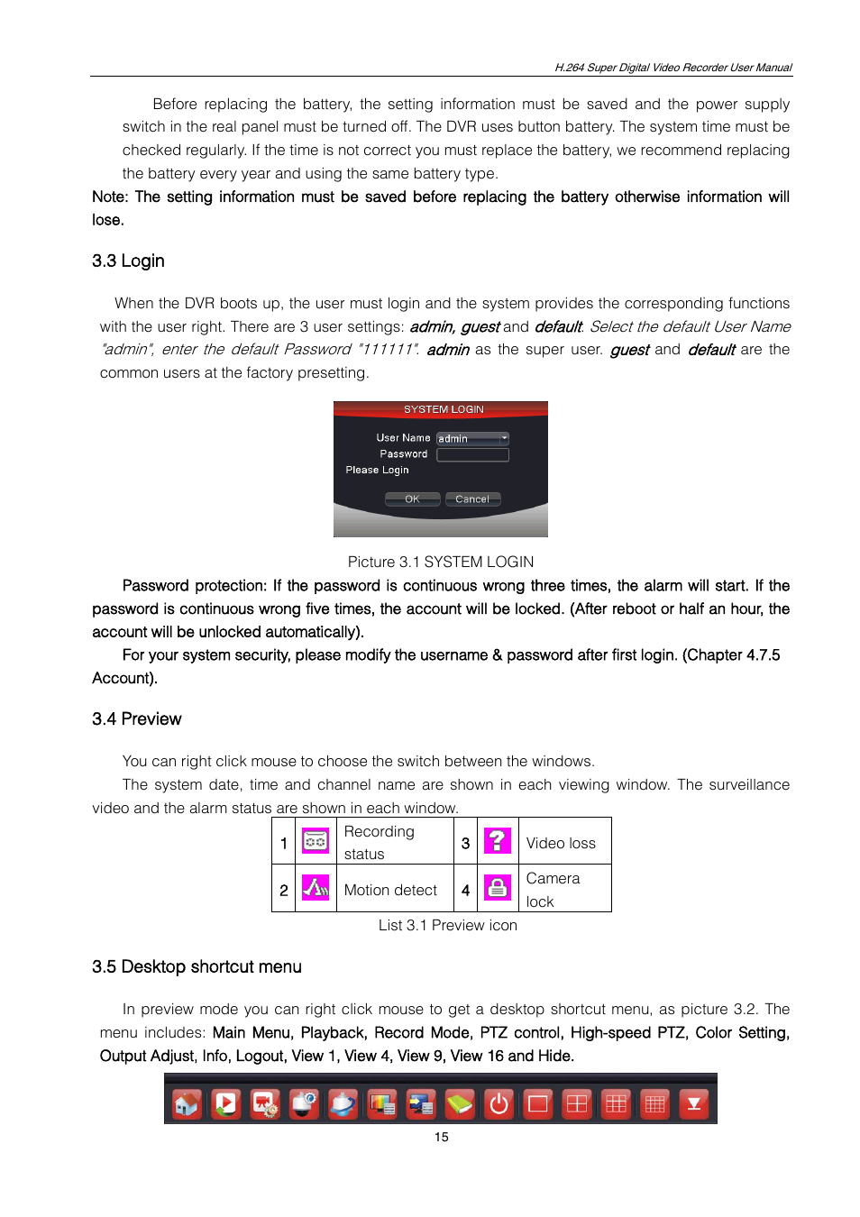 3 login, 4 preview, 5 desktop shortcut menu | ZMODO ZMD-DT-SCN4 User Manual | Page 16 / 76