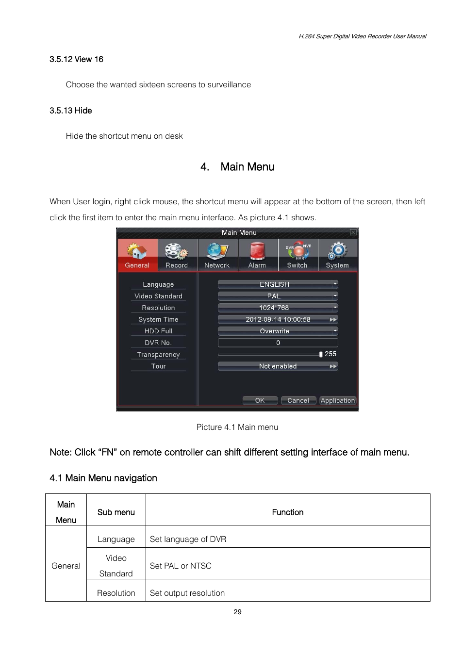 12 view 16, 13 hide, Main menu | 1 main menu navigation, 9 view 1, 11 view 9, 6 switch | ZMODO ZMD-DT-SCN4 User Manual | Page 30 / 76