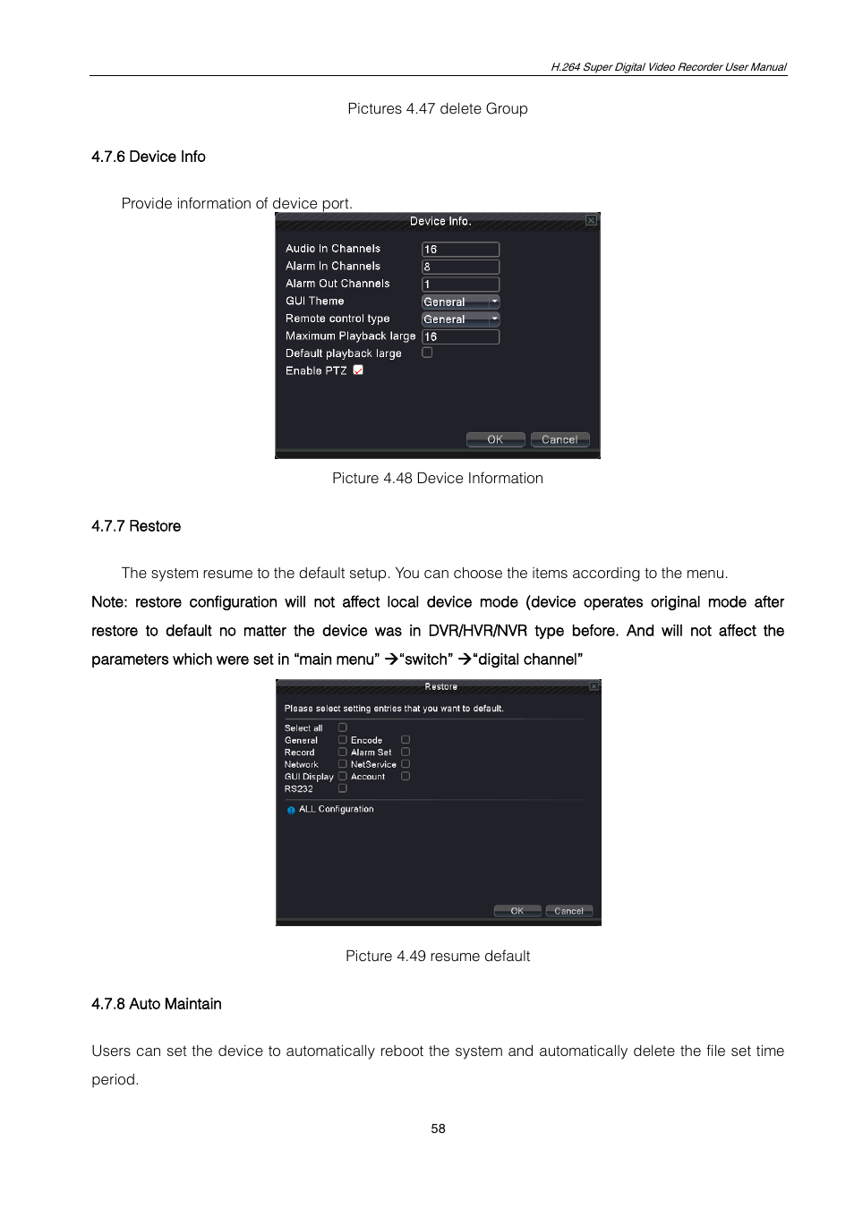 6 device info, 7 restore, 8 auto maintain | ZMODO ZMD-DT-SCN4 User Manual | Page 59 / 76