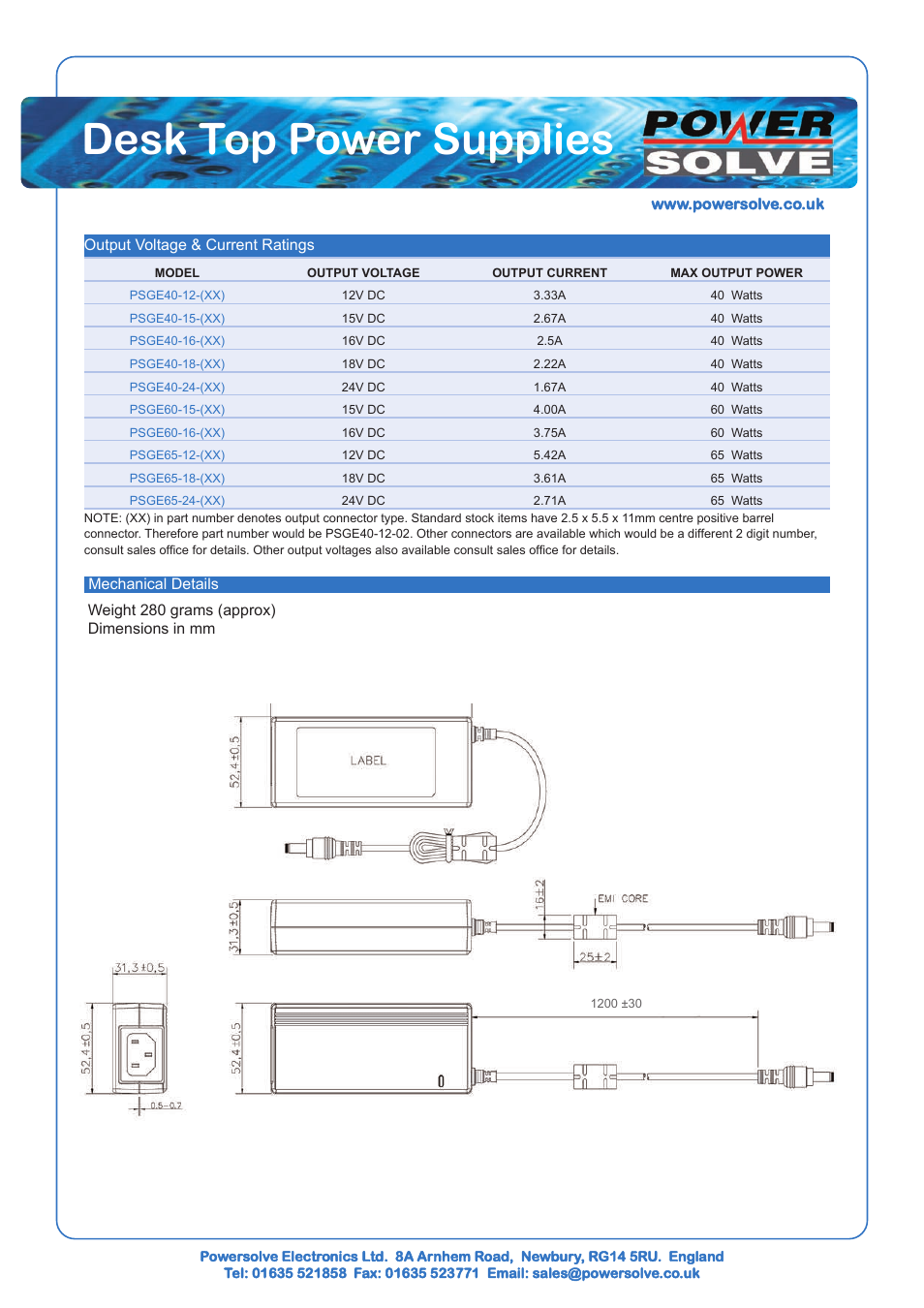 Desk top power supplies | Powersolve PSGE65 Series User Manual | Page 2 / 2