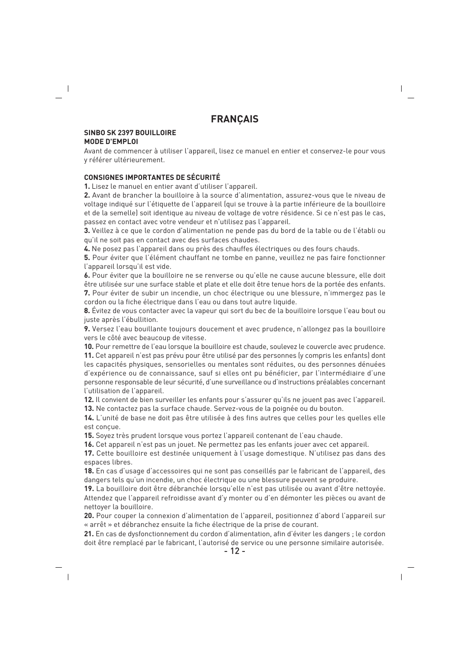 Français | SINBO SK 2397 User Manual | Page 13 / 48