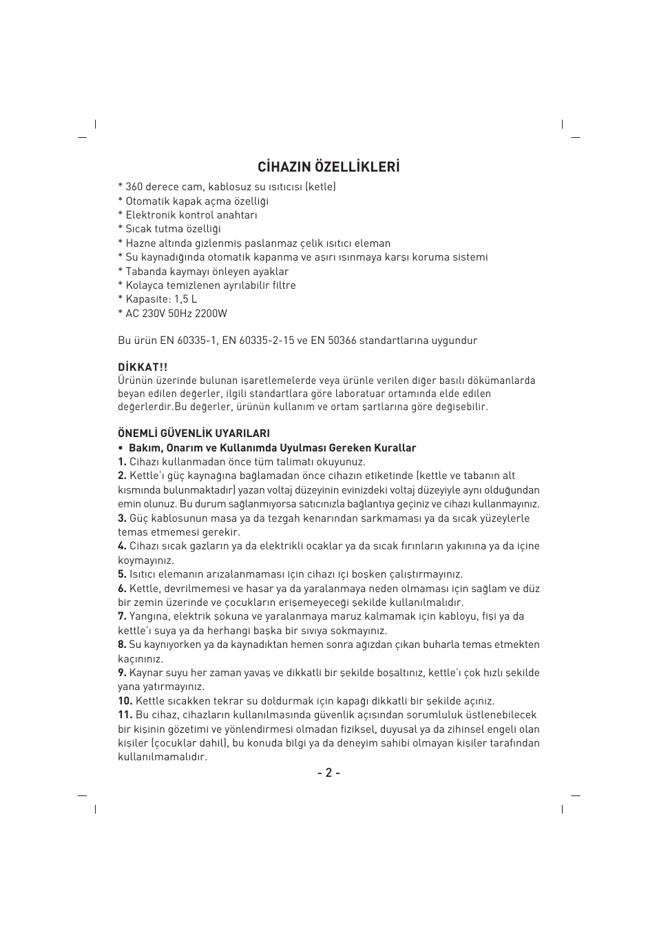 C‹hazin özell‹kler | SINBO SK 2397 User Manual | Page 3 / 48