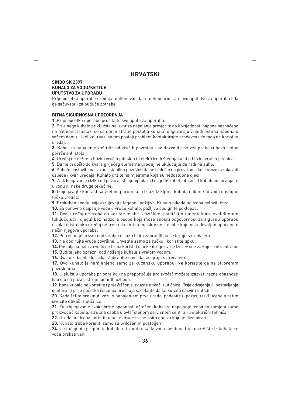 Hrvatski | SINBO SK 2397 User Manual | Page 37 / 48