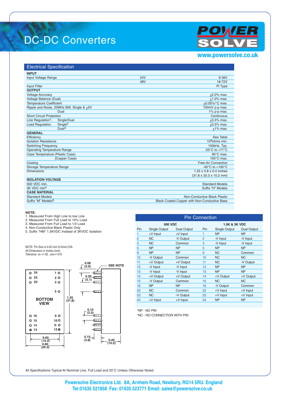 Dc-dc converters, Electrical specification, Pin connection | Powersolve PSW3 Series User Manual | Page 2 / 2