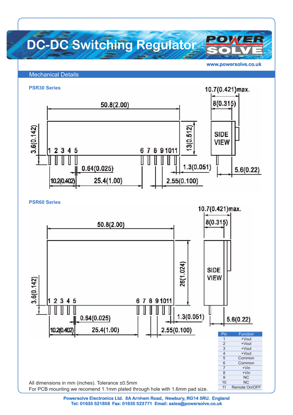 Dc-dc switching regulator, Mechanical details | Powersolve PSR60 Series User Manual | Page 3 / 3