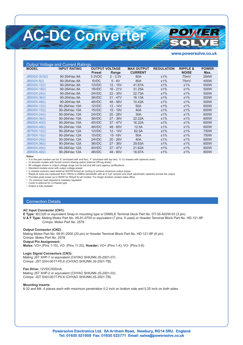 Ac-dc converter, Output voltage and current ratings, Connection details | Powersolve JB800 Series User Manual | Page 2 / 5