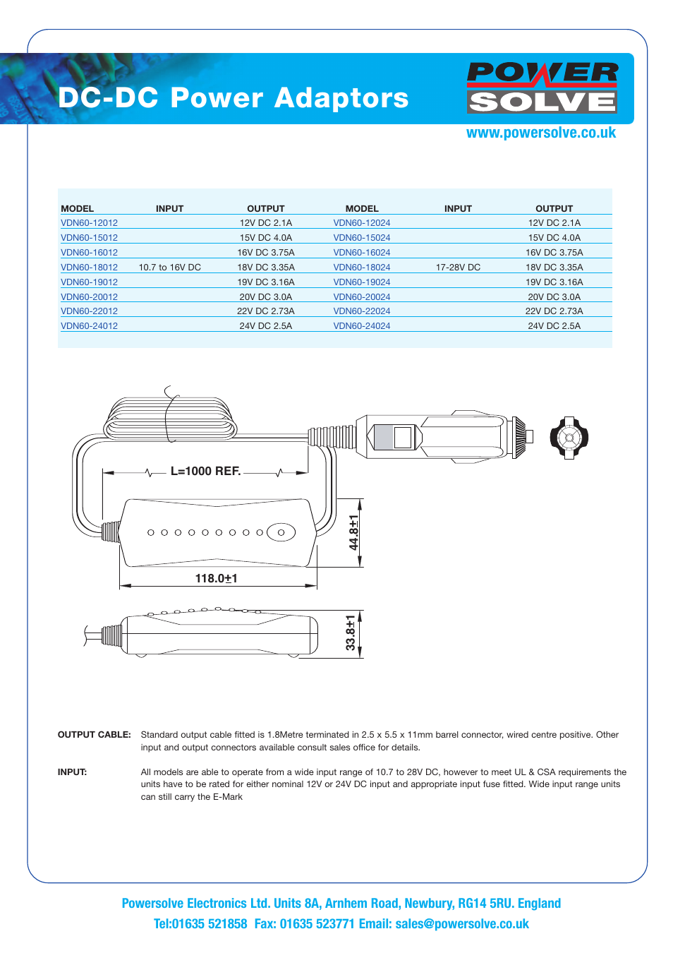 Dc-dc power adaptors | Powersolve VDN60 Series User Manual | Page 2 / 2