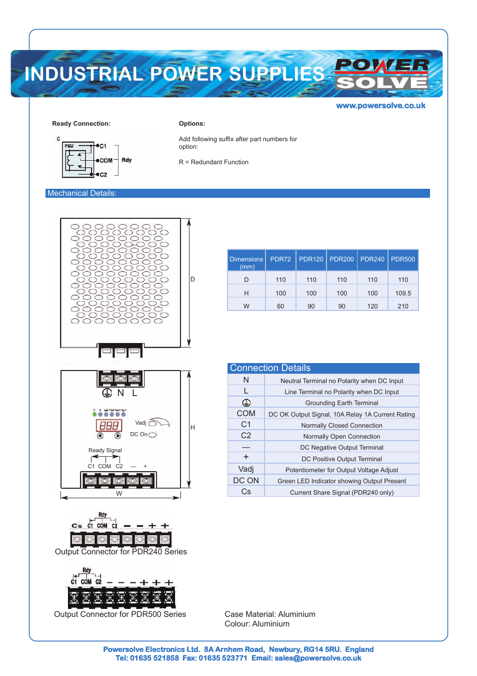 Industrial power supplies, Connection details n l | Powersolve PDR Series User Manual | Page 2 / 3