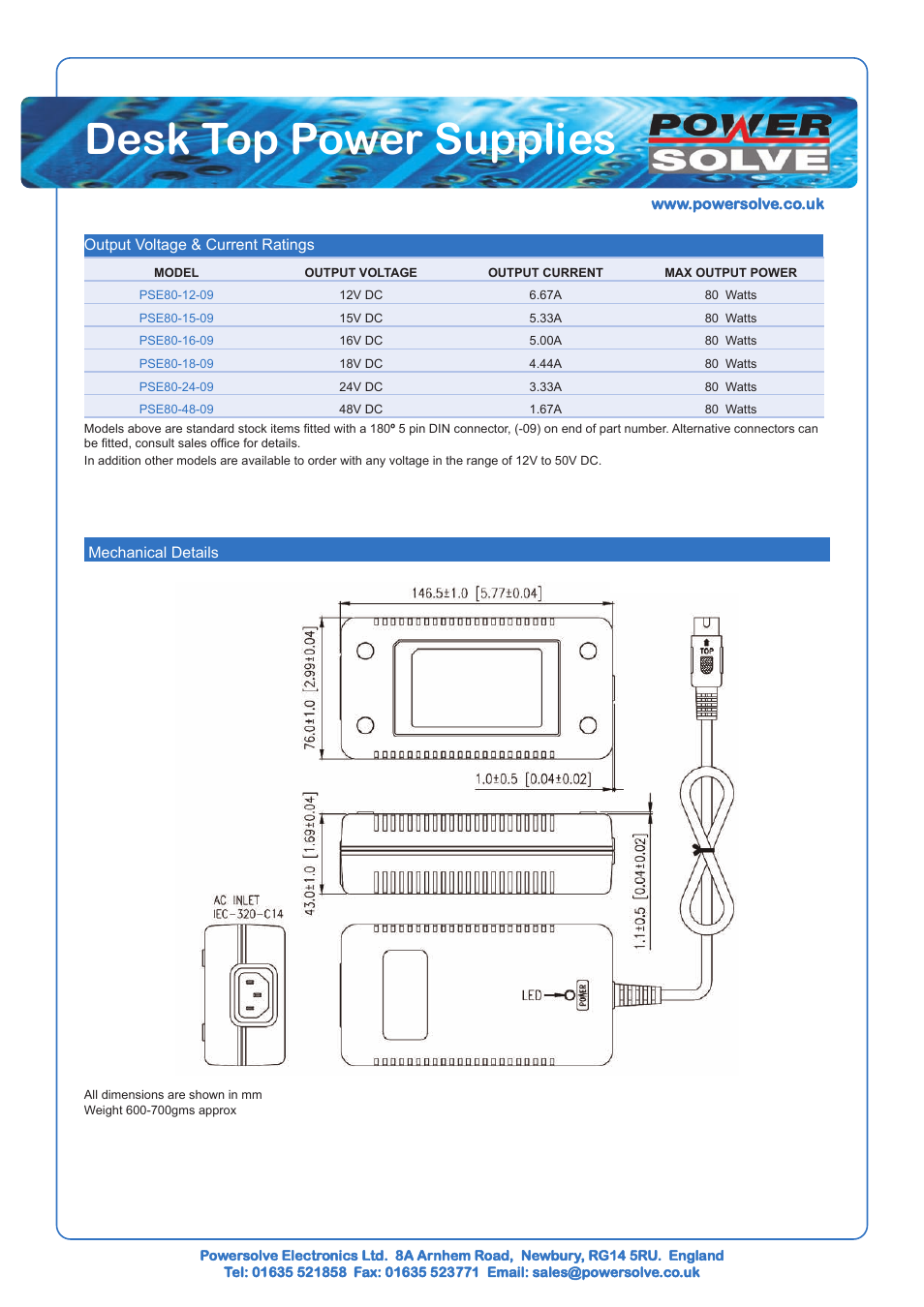 Desk top power supplies | Powersolve PSE80 Series User Manual | Page 2 / 2