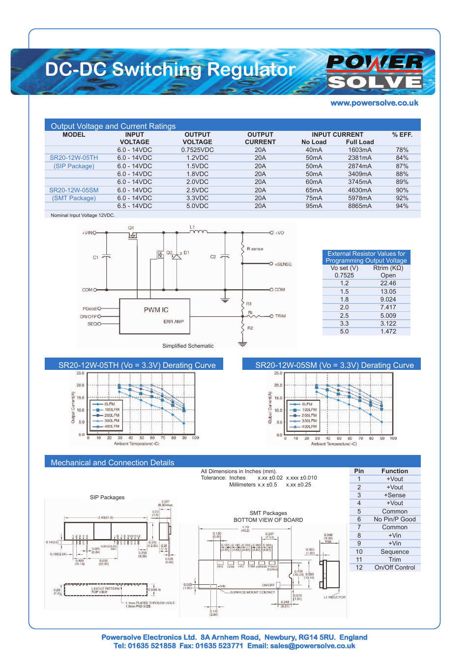 Dc-dc switching regulator, Output voltage and current ratings, Mechanical and connection details | Powersolve SR20-12W Series User Manual | Page 2 / 2