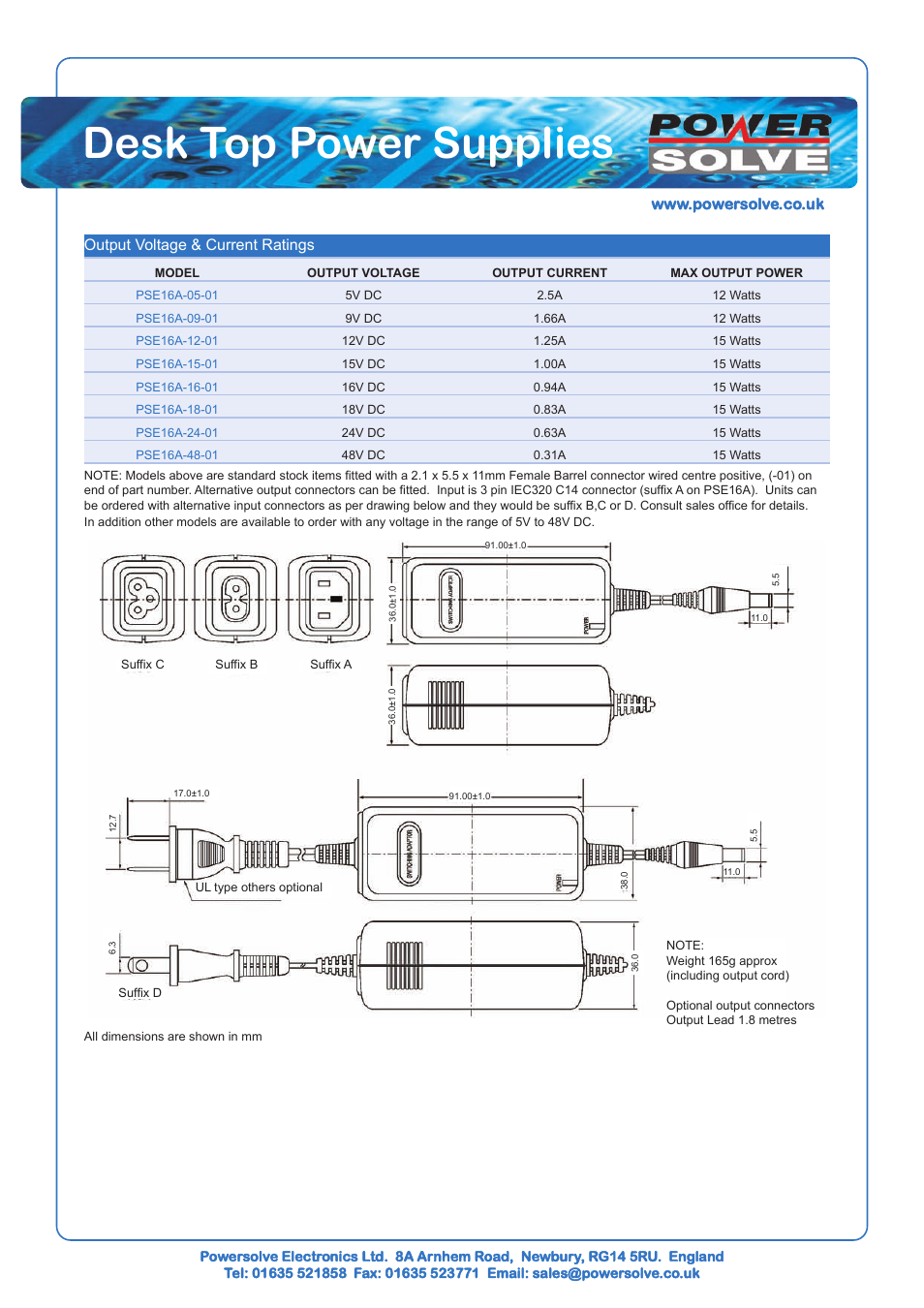 Desk top power supplies | Powersolve PSE16A Series User Manual | Page 2 / 2