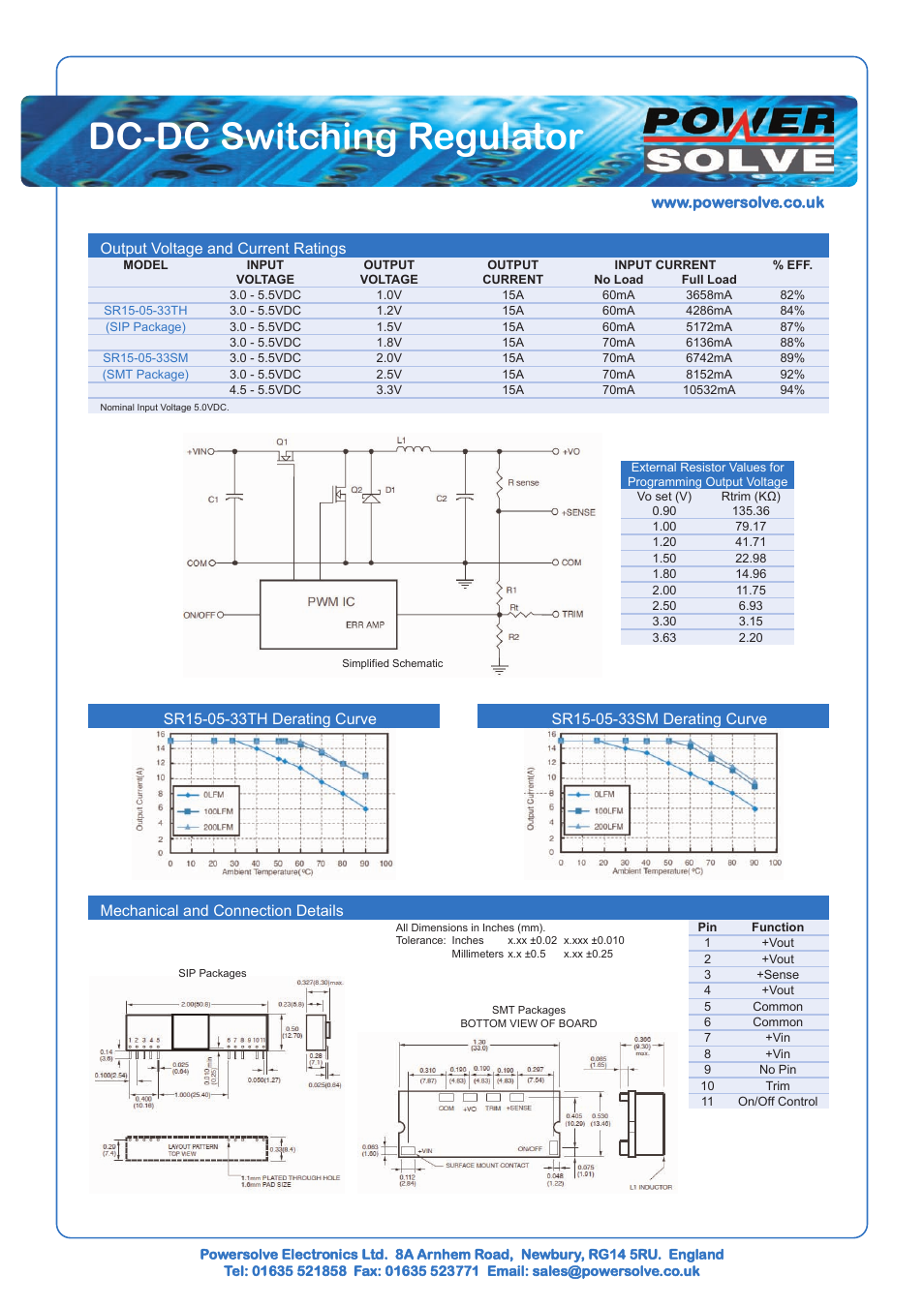 Dc-dc switching regulator, Output voltage and current ratings, Mechanical and connection details | Powersolve SR15-05 Series User Manual | Page 2 / 2