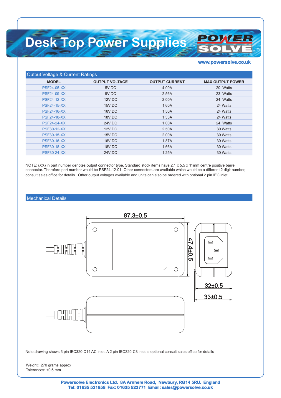 Desk top power supplies | Powersolve PSF30 Series User Manual | Page 2 / 2