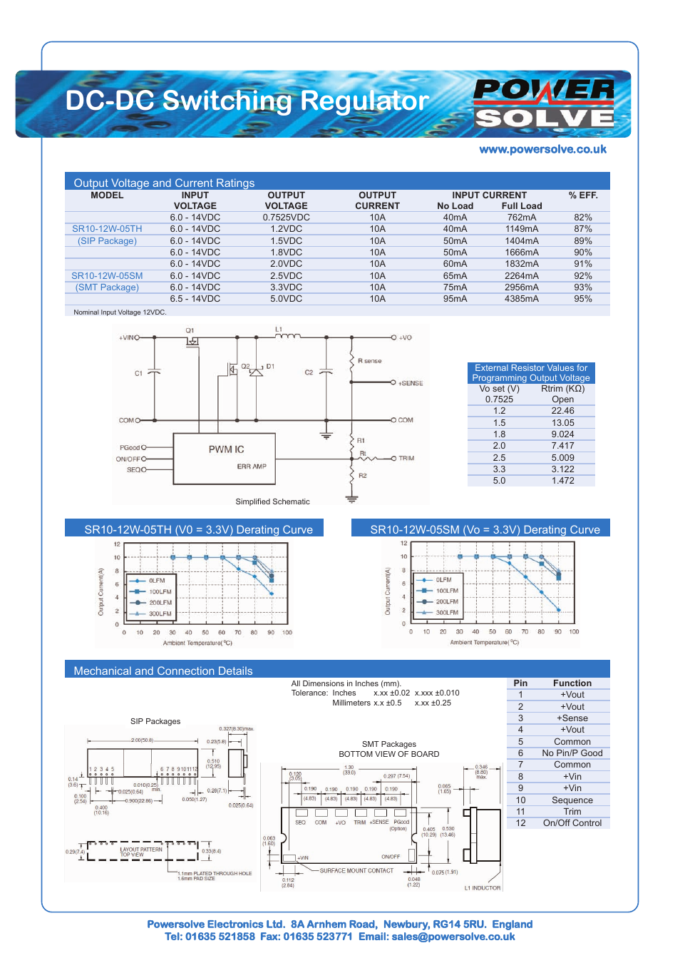 Dc-dc switching regulator, Output voltage and current ratings, Mechanical and connection details | Powersolve SR10-12W Series User Manual | Page 2 / 2