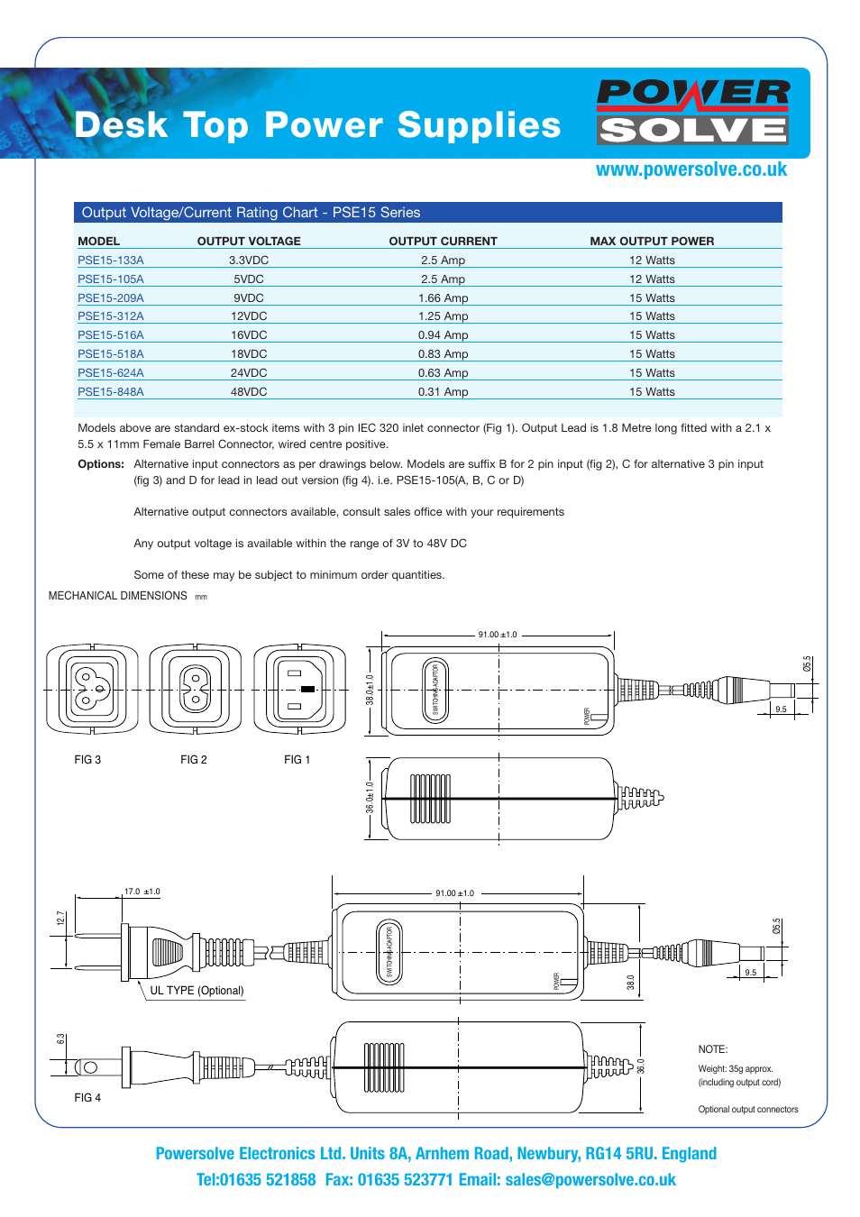 Desk top power supplies, Output voltage/current rating chart - pse15 series | Powersolve PSE15 Series User Manual | Page 2 / 2