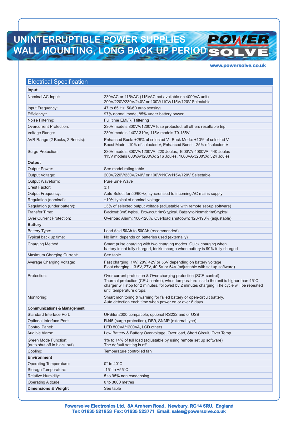 Electrical specification | Powersolve WM4000 Series User Manual | Page 2 / 2