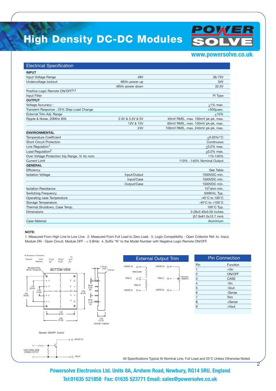High density dc-dc modules, Electrical specification, Pin connection external output trim | Powersolve PS150 Series User Manual | Page 2 / 4