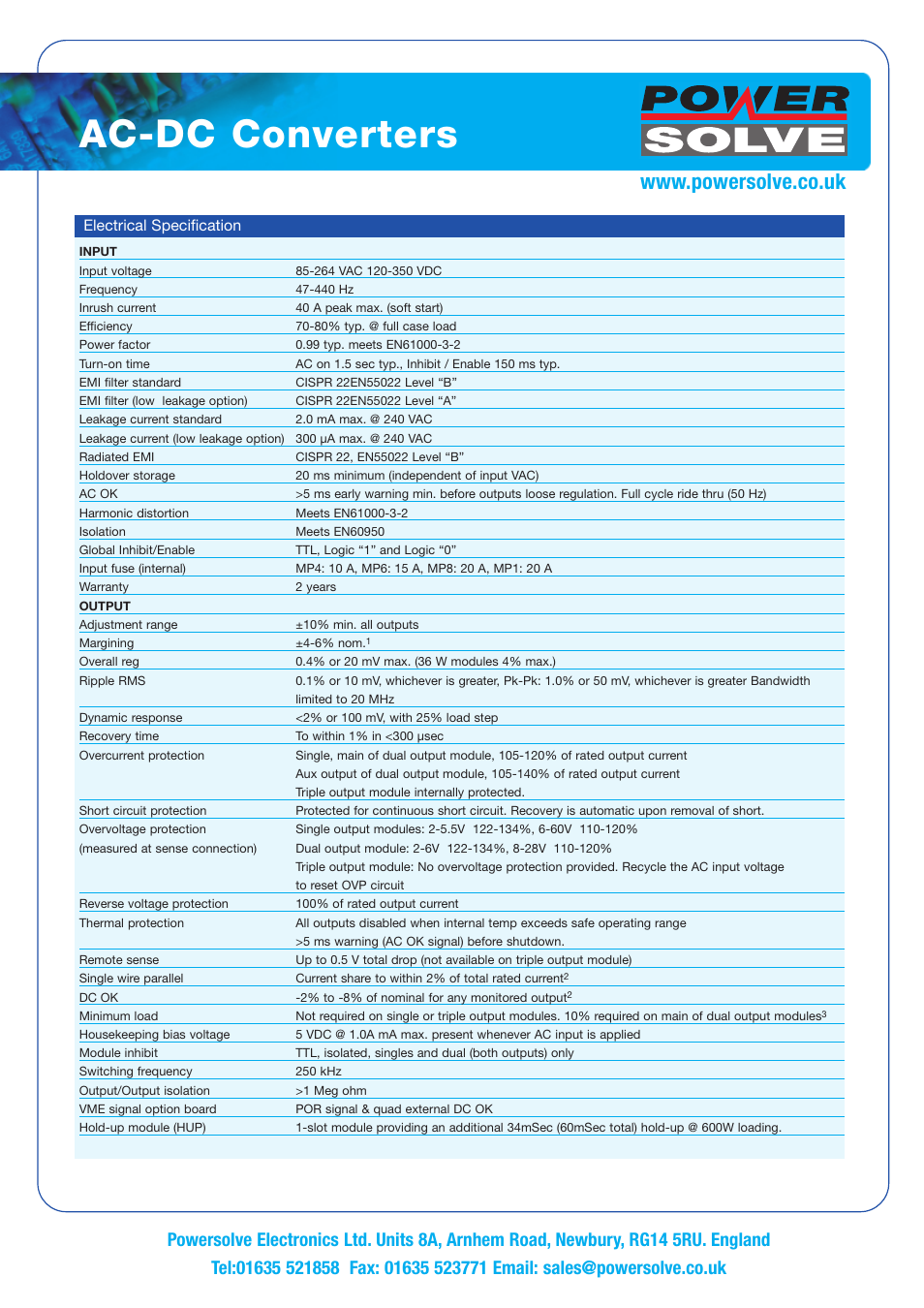 Ac-dc converters, Electrical specification | Powersolve MP Series User Manual | Page 2 / 10