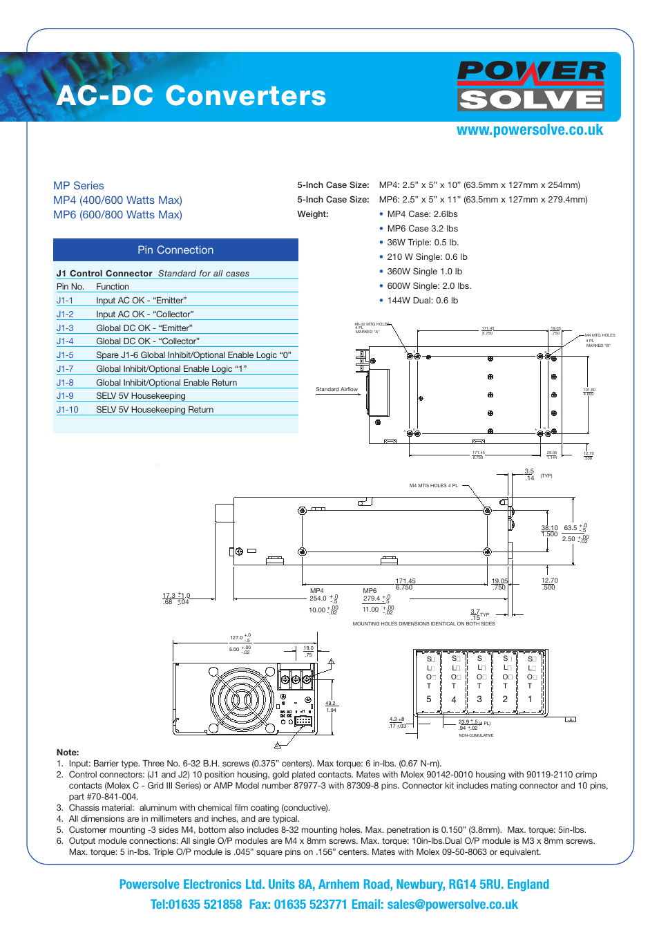 Ac-dc converters, Pin connection | Powersolve MP Series User Manual | Page 8 / 10