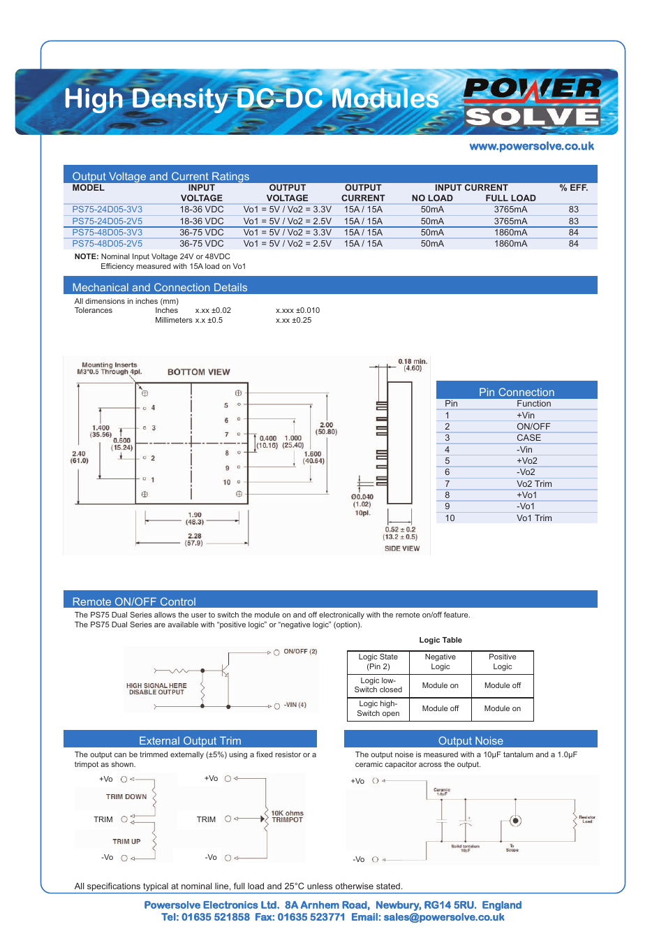 High density dc-dc modules, Output voltage and current ratings, Pin connection | External output trim remote on/off control, Mechanical and connection details, Output noise | Powersolve PS75-Dual Series User Manual | Page 2 / 2