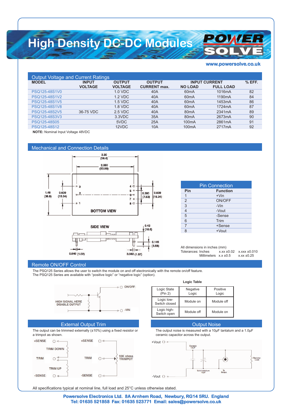 High density dc-dc modules, Output voltage and current ratings, Pin connection | External output trim, Output noise | Powersolve PSQ125 Series User Manual | Page 2 / 3