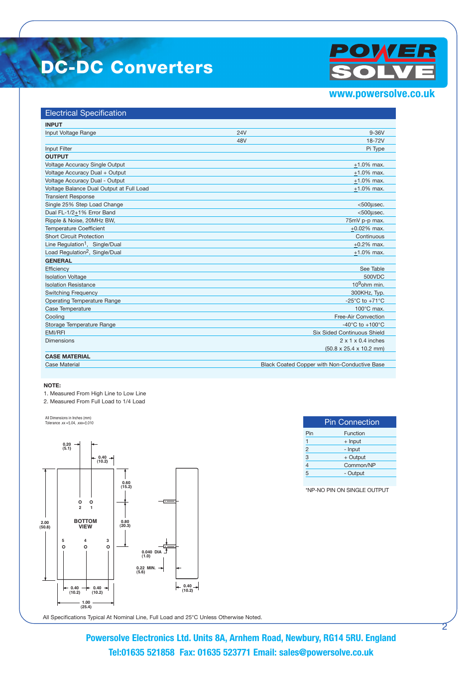 Dc-dc converters, Electrical specification, Pin connection | Powersolve PS10 Series User Manual | Page 2 / 2