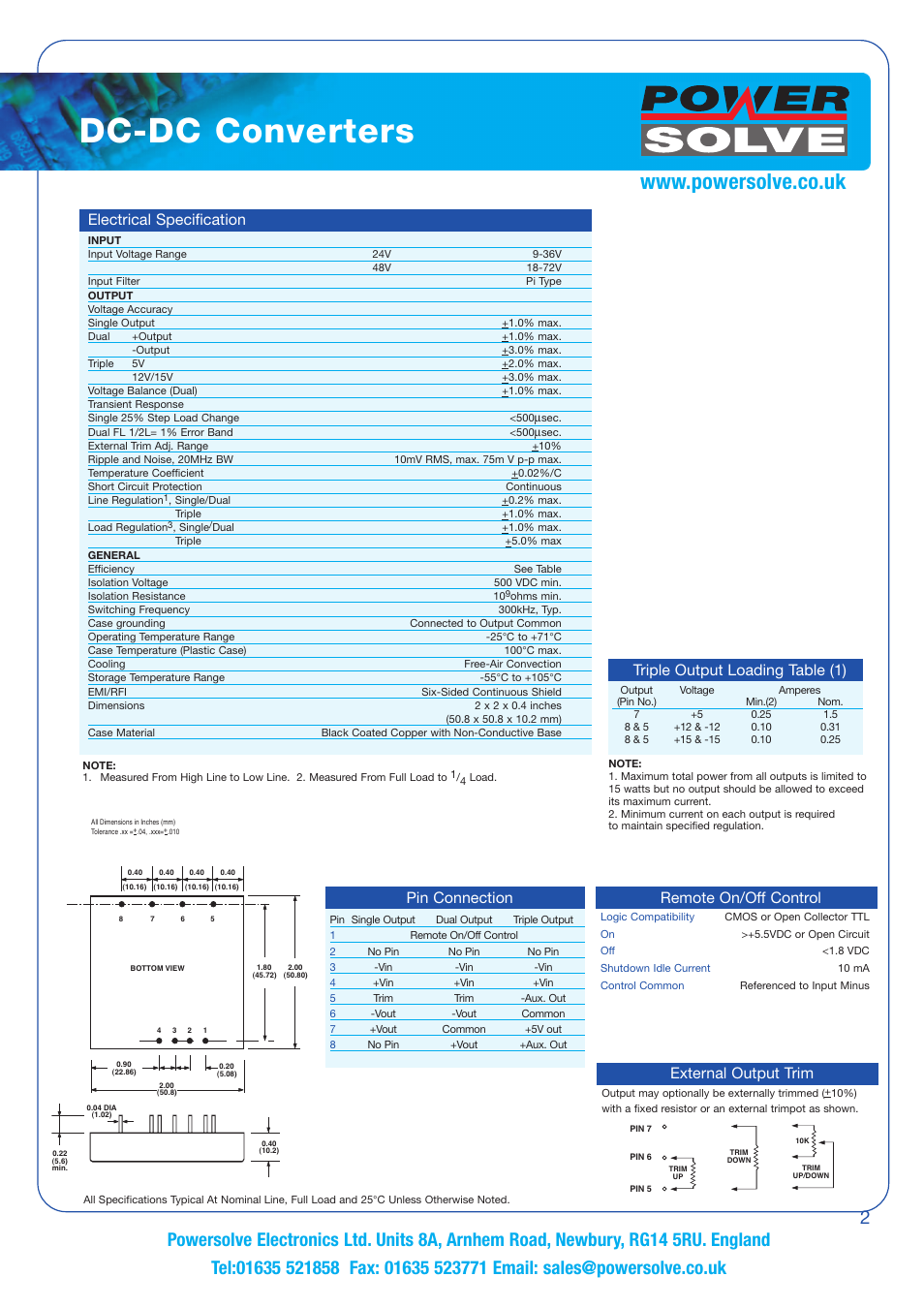 Dc-dc converters, Electrical specification, Pin connection | Triple output loading table (1), External output trim, Remote on/off control | Powersolve PSW15 Series User Manual | Page 2 / 2