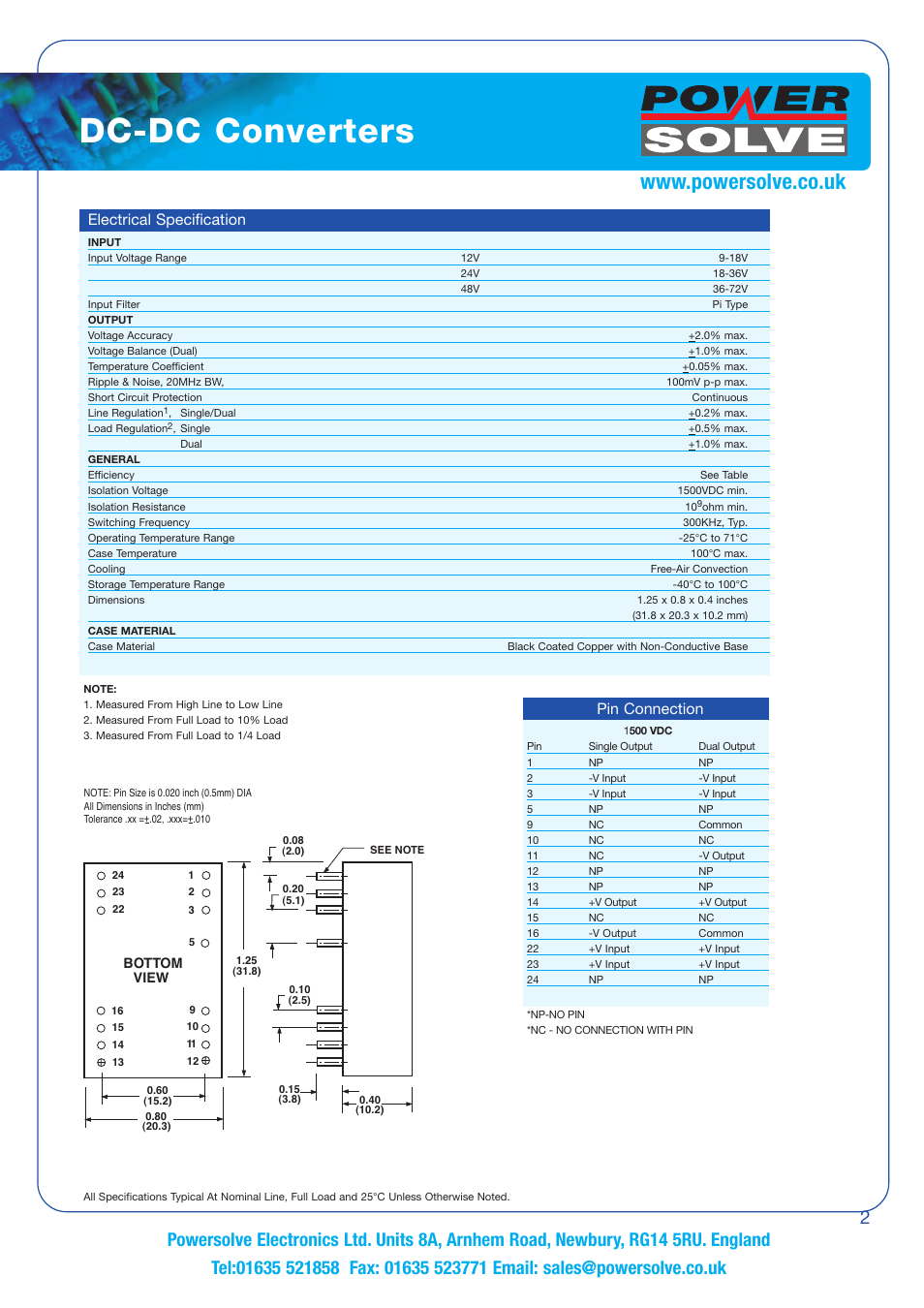 Dc-dc converters, Electrical specification, Pin connection | Powersolve PS8 Series User Manual | Page 2 / 2