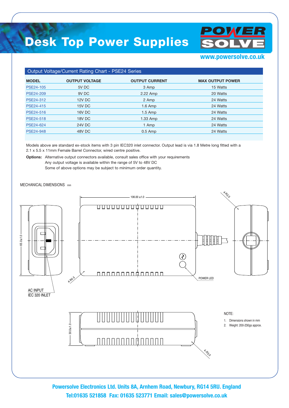 Desk top power supplies, Output voltage/current rating chart - pse24 series | Powersolve PSE24 Series User Manual | Page 2 / 2