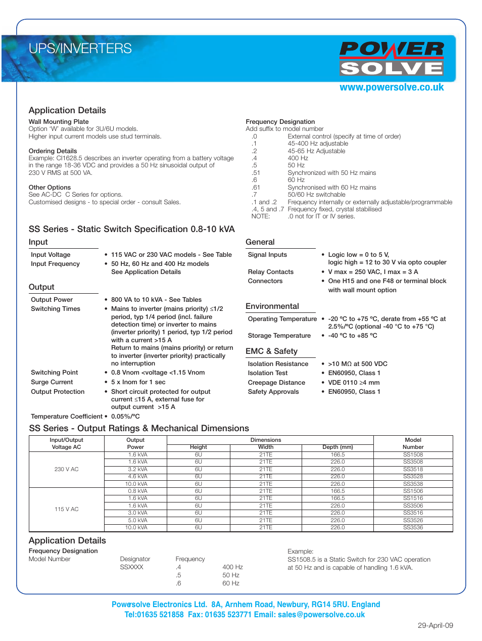 Ups/inverters, Application details, Ss series - output ratings & mechanical dimensions | Input, Output, General, Environmental, Emc & safety | Powersolve SS (DC) Series User Manual | Page 4 / 4