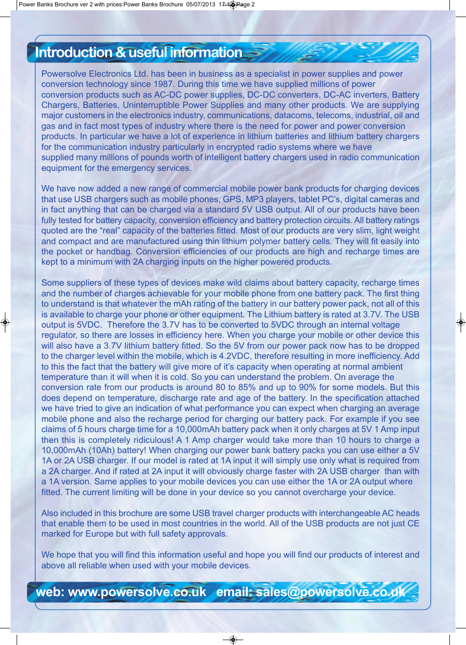 Introduction & useful information | Powersolve Power Banks Brochure User Manual | Page 2 / 7
