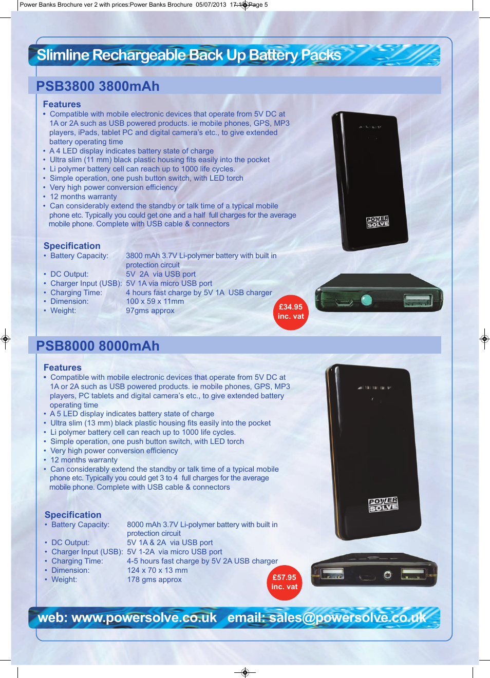 Slimline rechargeable back up battery packs | Powersolve Power Banks Brochure User Manual | Page 5 / 7