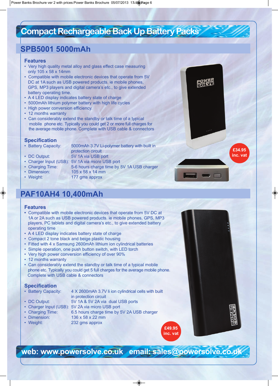 Compact rechargeable back up battery packs | Powersolve Power Banks Brochure User Manual | Page 6 / 7